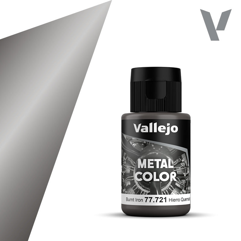 Vallejo Metal Color: Burnt Iron (32ml) - Small black plastic bottle of Vallejo Metal Color paint labeled Burnt Iron with metallic color swatch on the label.