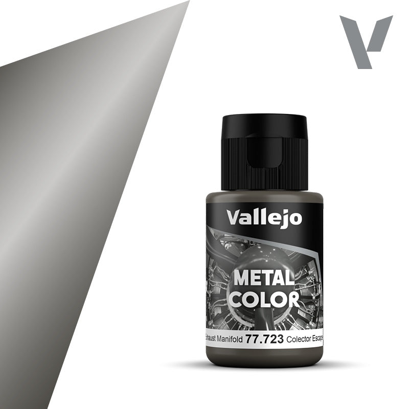 Vallejo Metal Color: Exhaust Manifold (32ml) - Small black plastic bottle of Vallejo Metal Color paint in Exhaust Manifold shade with silver-gray label and black cap.