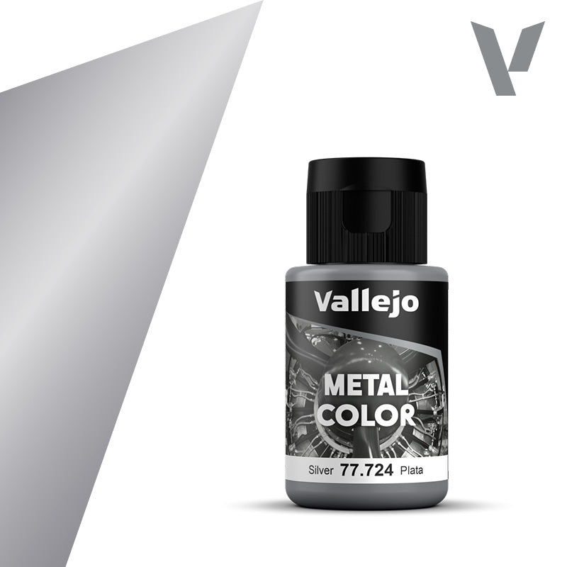 Vallejo Metal Color: Silver (32ml) - 32ml gray plastic bottle of Vallejo Metal Color silver paint with black cap and detailed label.