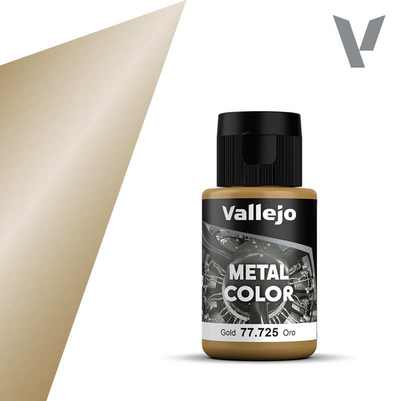 Vallejo Metal Color: Gold (32ml) - Small bottle of Vallejo metallic gold acrylic paint with black flip-top cap and label detailing product name and color code.
