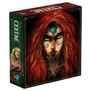 Celtae - Board game box featuring intense warrior face with red braided hair and tribal face paint on dark background.