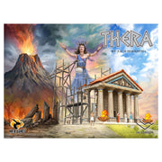 Thera - Board game box cover showing a volcanic eruption, an ancient temple under construction, and a woman in a flowing dress with.