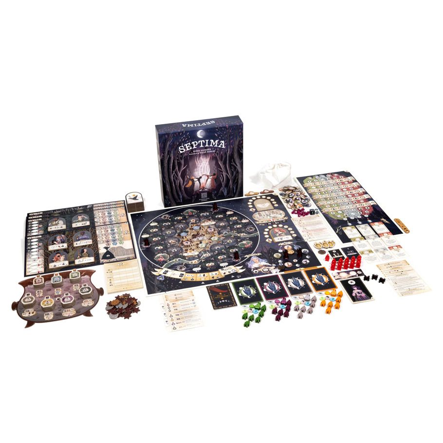 Septima - Strategy board game Septima with circular board, cards, tokens, player pieces, and instruction sheets arranged around a.