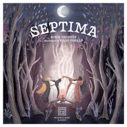 Septima - Square board game box with dark forest background, two figures in cloaks joining hands around glowing white light, white.