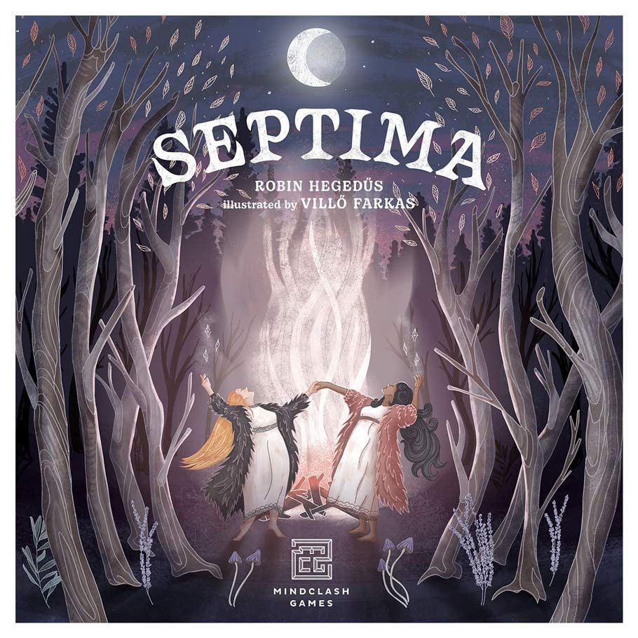 Septima - Square board game box with dark forest background, two figures in cloaks joining hands around glowing white light, white.