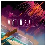 Voidfall - Colorful sci-fi board game cover showing a spaceship flying toward a glowing cosmic vortex above a planet's surface.