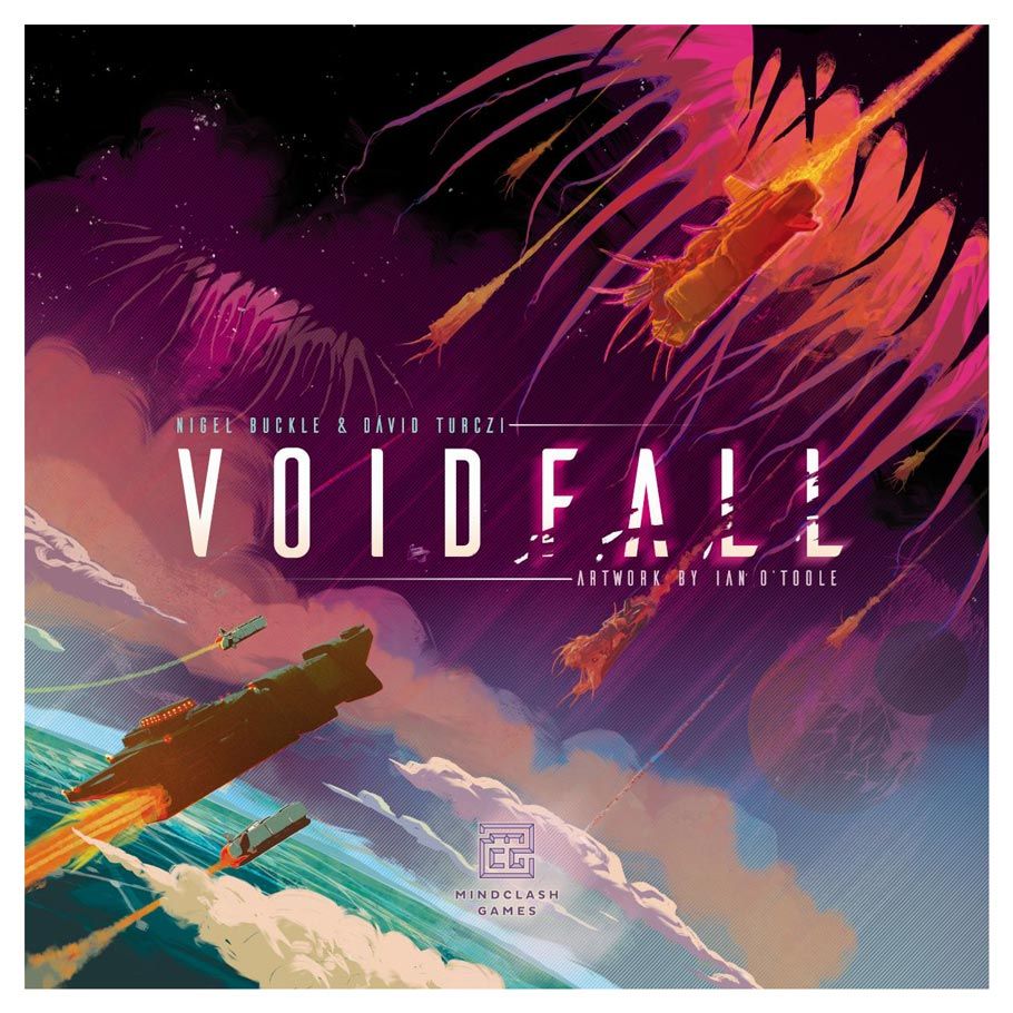 Voidfall - Colorful sci-fi board game cover showing a spaceship flying toward a glowing cosmic vortex above a planet's surface.