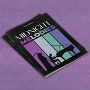Midnight Melodies - Black softcover book titled Midnight Melodies with purple and blue geometric panels and silhouette of pianist and music.