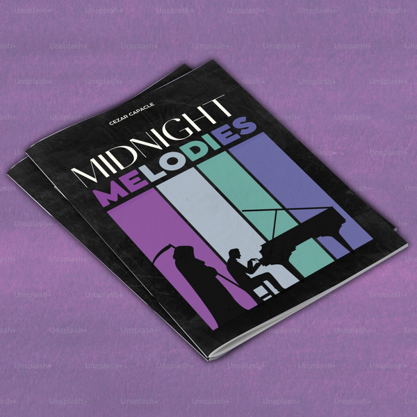 Midnight Melodies - Black softcover book titled Midnight Melodies with purple and blue geometric panels and silhouette of pianist and music.