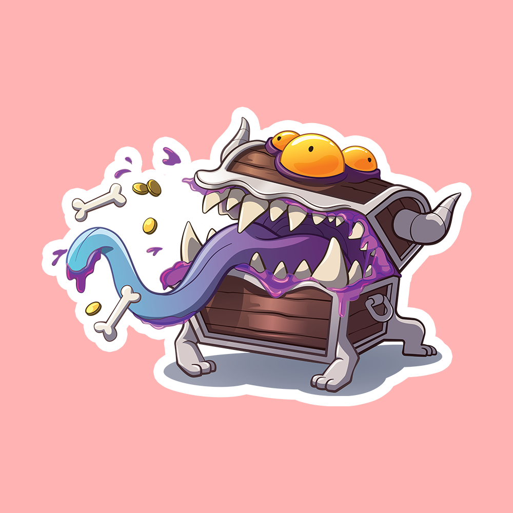 Mimic DnD Sticker - Cartoon treasure chest mimic with large yellow eyes, sharp teeth, blue tongue, and bones spilling out sticker.