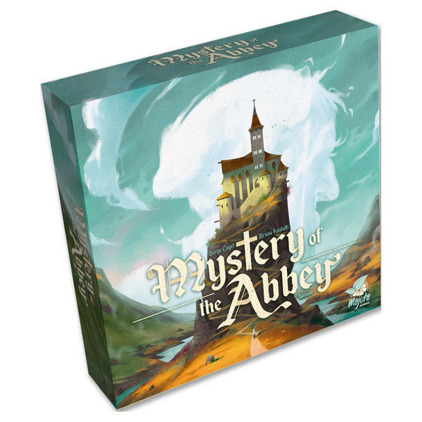 Mystery of the Abbey (PREORDER) - Square board game box with a mystical abbey on a rocky cliff under swirling green and blue skies, titled Mystery of the.