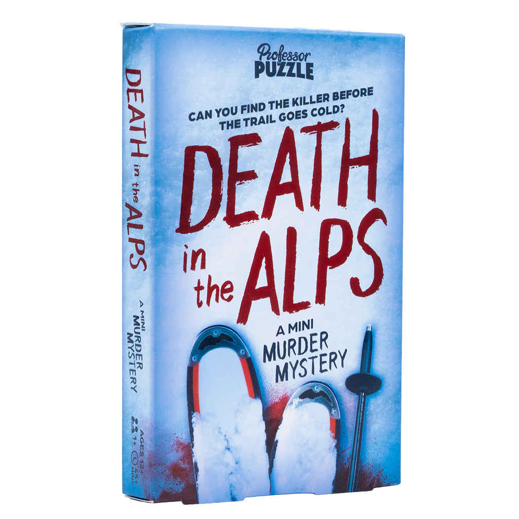 Death in the Alps - Rectangular blue puzzle box titled Death in the Alps with snowy mountain and ski imagery, featuring a murder mystery theme.