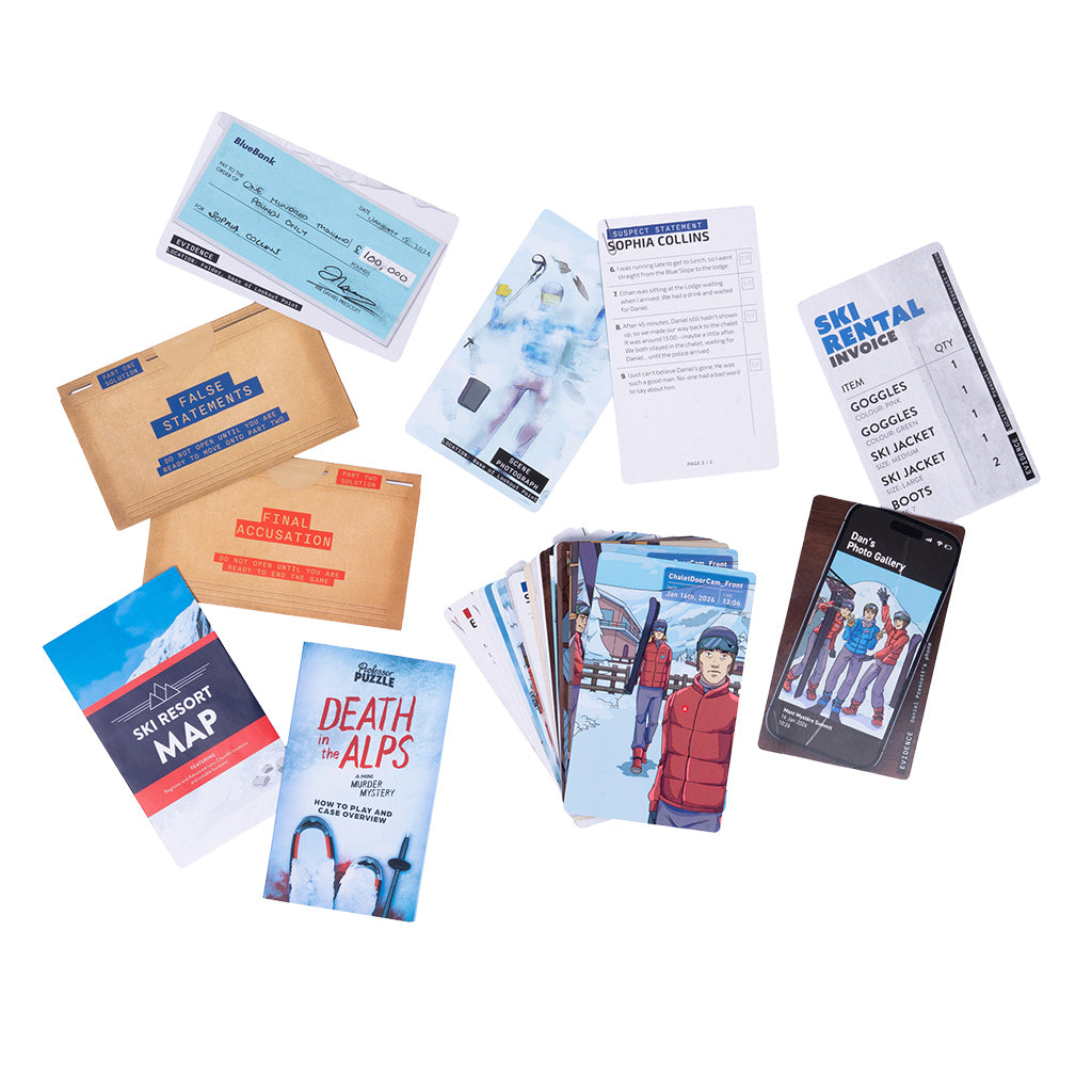 Death in the Alps - Assorted puzzle game cards and booklets themed around Death in the Alps, featuring illustrated characters, maps, and clues.