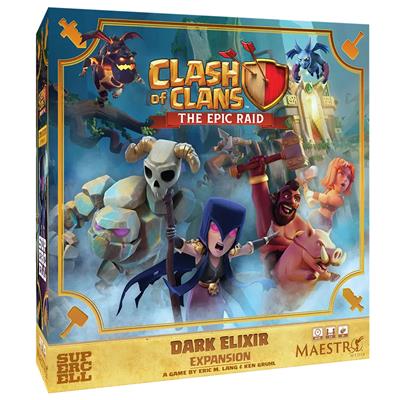Clash of Clans: The Epic Raid: Dark Elixir Expansion (PREORDER) - Clash of Clans board game box with colorful fantasy characters and blue, orange, and gold tones, labeled Dark Elixir.