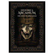D&D 5E: Historica Arcanum: Sigil of Jerusalem - Dark fantasy book cover featuring a skull wearing a medieval helmet with a cross, ornate gold filigree border, and gothic.