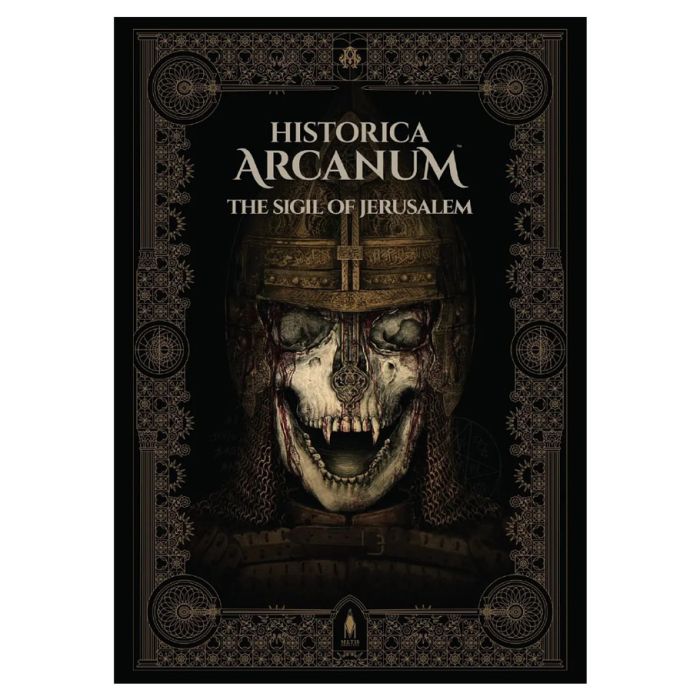 D&D 5E: Historica Arcanum: Sigil of Jerusalem - Dark fantasy book cover featuring a skull wearing a medieval helmet with a cross, ornate gold filigree border, and gothic.