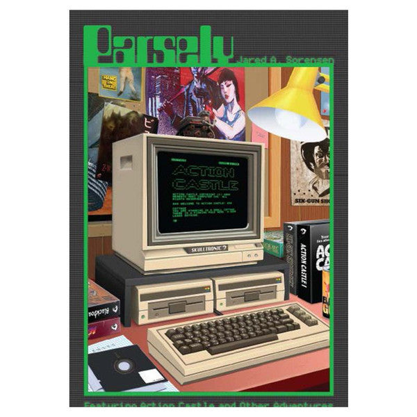 Parsely RPG - RPG book cover featuring retro beige computer with green text on monitor, vintage posters, and yellow desk lamp.