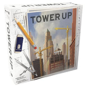 Tower Up - Strategy board game box featuring a cityscape under construction with cranes and tall buildings on the cover.