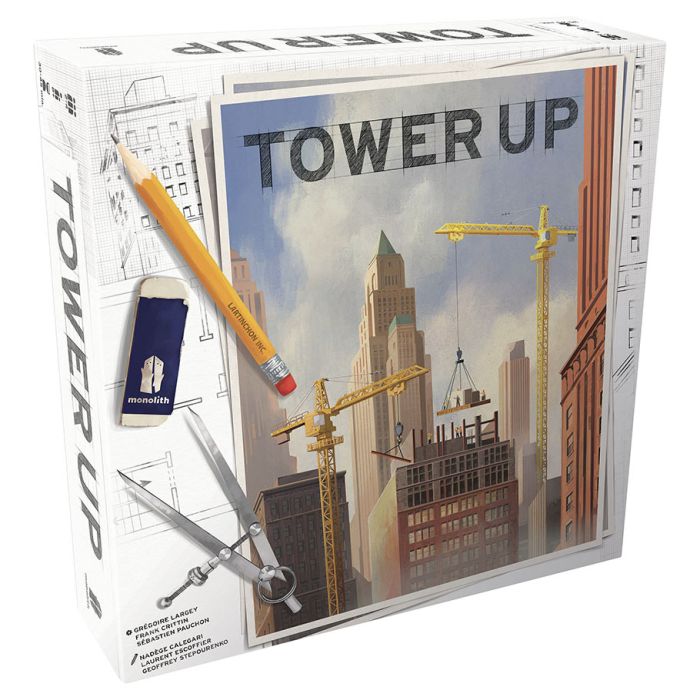 Tower Up - Strategy board game box featuring a cityscape under construction with cranes and tall buildings on the cover.