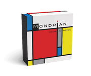 Mondrian: Color in Motion - Square game box with red, yellow, blue, white, and gray geometric blocks separated by black lines, featuring the title.