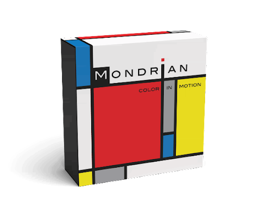 Mondrian: Color in Motion - Square game box with red, yellow, blue, white, and gray geometric blocks separated by black lines, featuring the title.