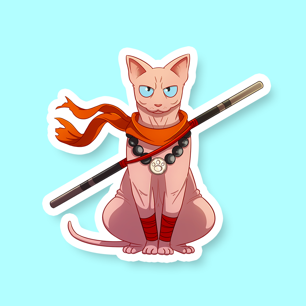 Monk Class D&D Cat Sticker - Sitting pink hairless cat with blue eyes wearing red scarf and wrist wraps, holding a long staff across its back,.