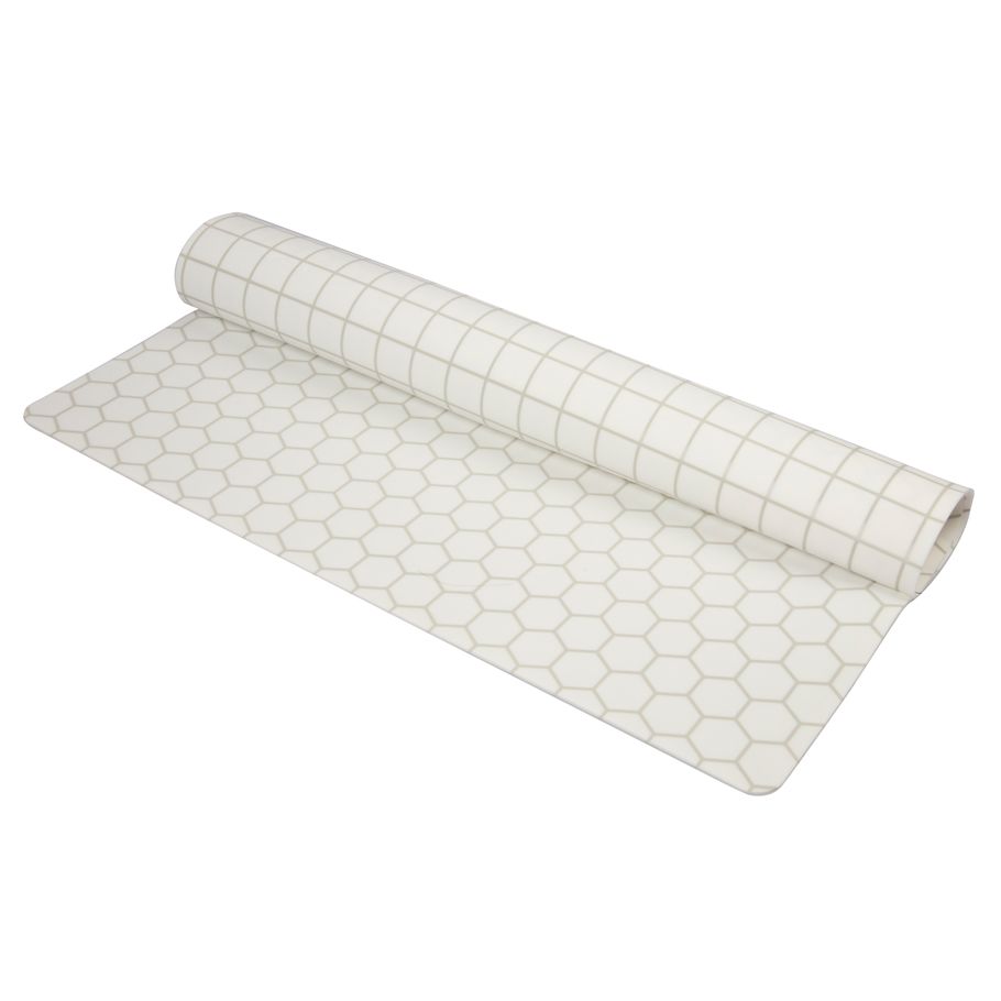 Silicone Gaming Mat - White silicone gaming mat with hexagonal and square grid patterns, partially rolled up.