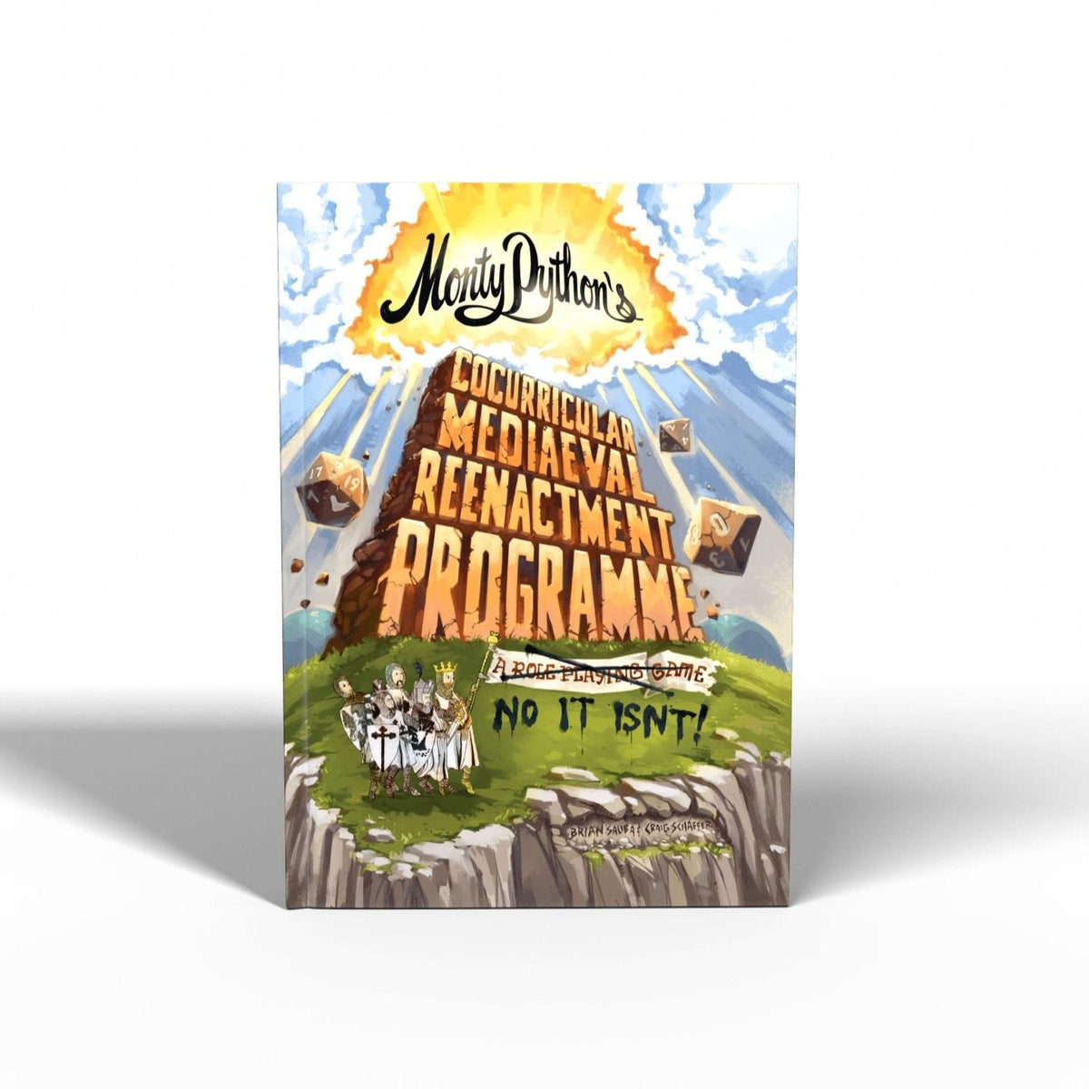 Monty Python's Cocurricular Mediaeval Reenactment Programme - Colorful book cover with medieval castle, knights, and bold yellow and brown title text on a blue sky background.