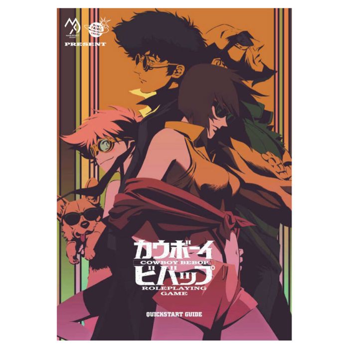 Cowboy Bebop TTRPG: Quickstart - Cowboy Bebop TTRPG Quickstart rulebook with colorful anime-style character art on the cover, featuring five characters in.