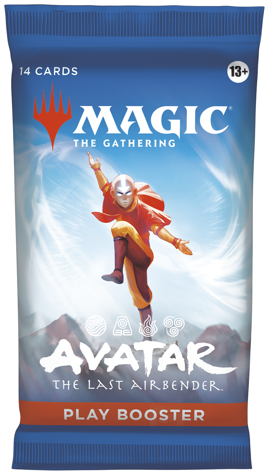 Magic: The Gathering - Avatar: The Last Airbender Play Booster Pack - The Gathering play booster pack with Avatar: The Last Airbender theme, featuring Aang in orange and yellow airbending pose.