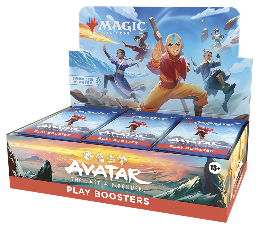 Magic: The Gathering - Avatar: The Last Airbender Play Booster Box - The Gathering Avatar: The Last Airbender play booster display box with colorful character art and blue sky background.