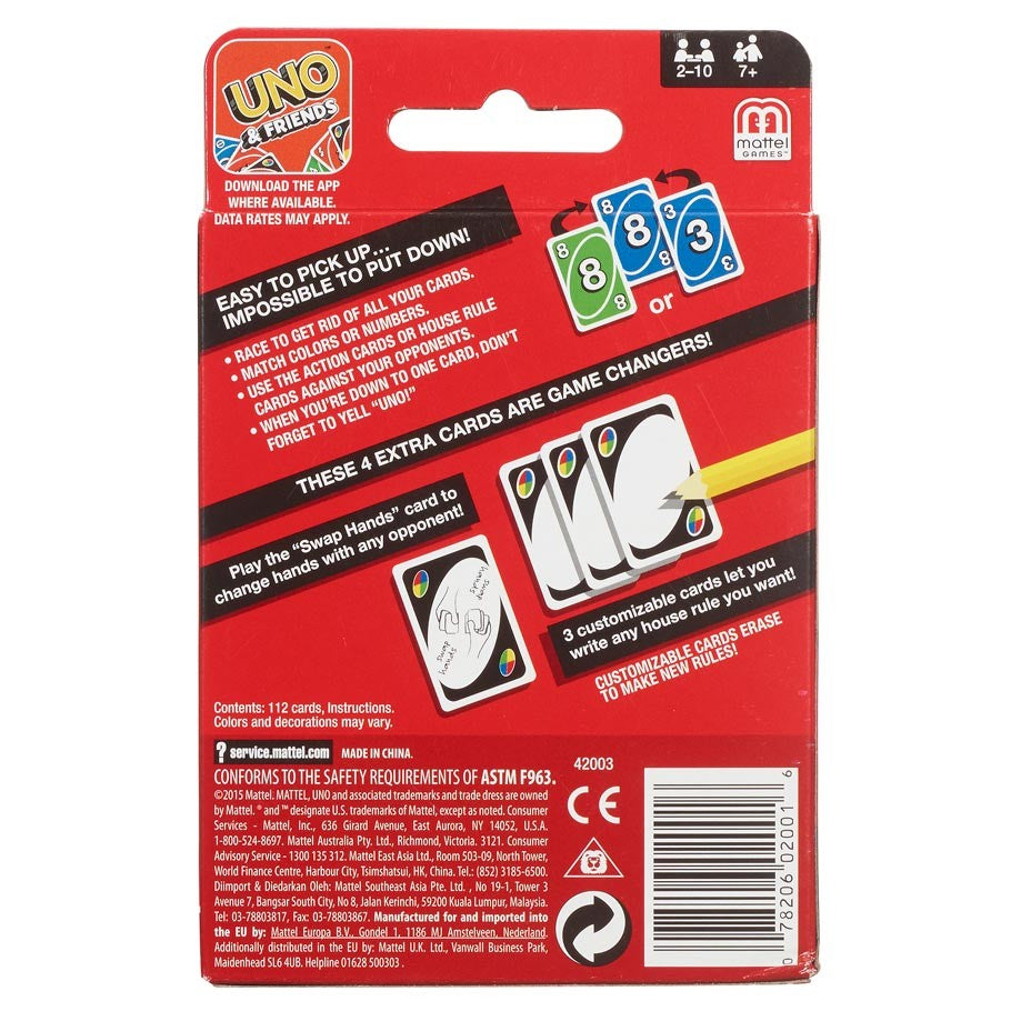 UNO: Card Game - Red UNO card game packaging showing blue and white number cards and the four wild cards on the back of the box.