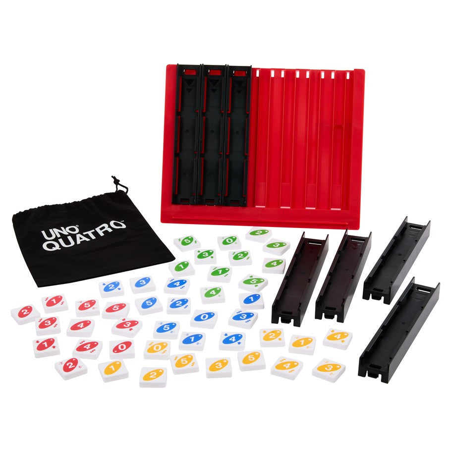 UNO: Quatro - Red plastic game board with black numbered card holders, colorful numbered tokens in four colors, black carrying pouch.