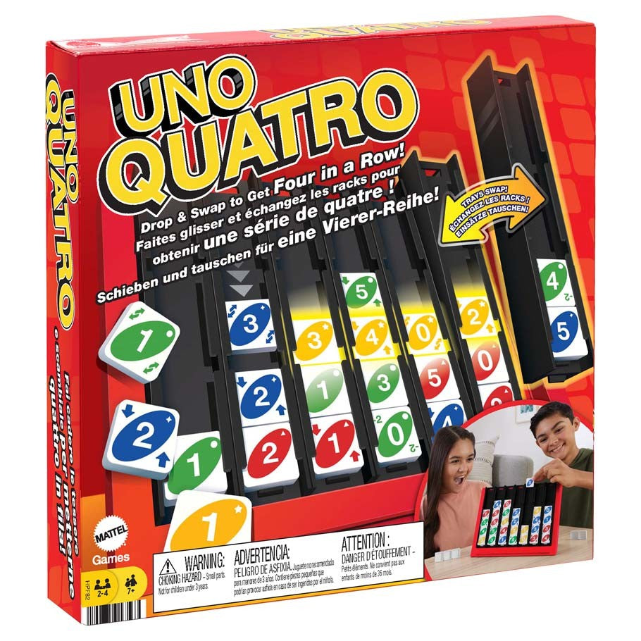 UNO: Quatro - UNO Quatro card game box with colorful numbered cards and a unique black card holder display stand.