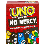 UNO: Show 'Em No Mercy - Show 'Em No Mercy card game box with bold yellow and white text and graphic cards showing special action icons.
