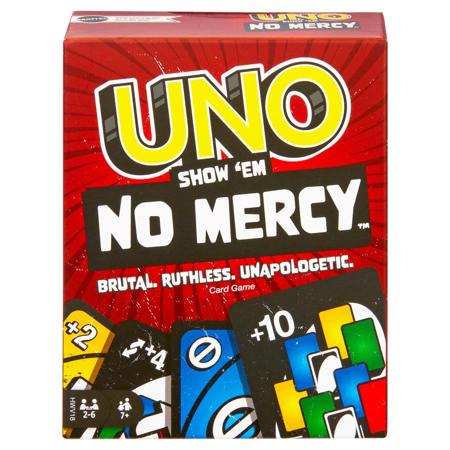 UNO: Show 'Em No Mercy - Show 'Em No Mercy card game box with bold yellow and white text and graphic cards showing special action icons.