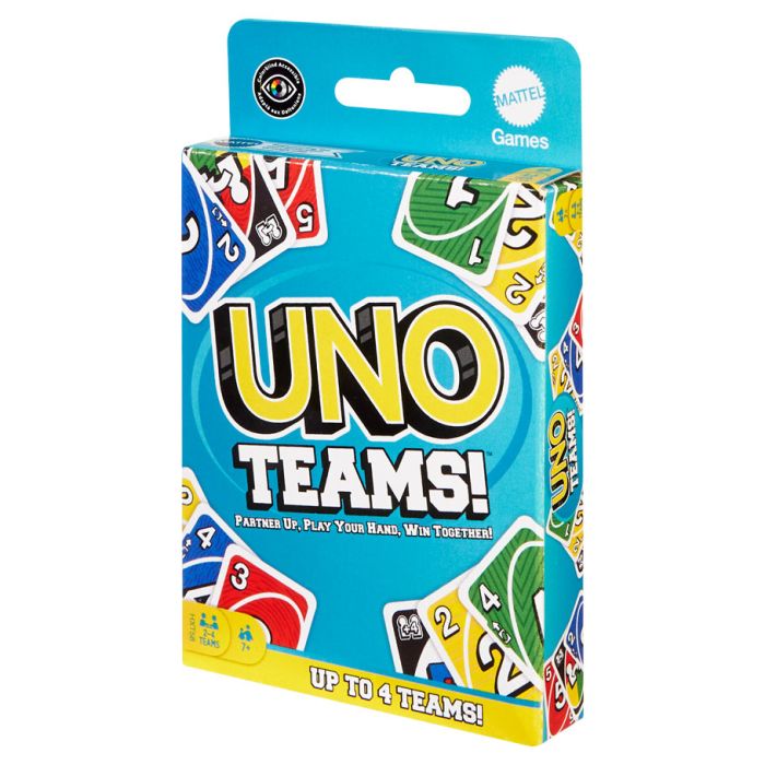 UNO: UNO Teams! - Bright blue UNO Teams card game box featuring colorful red, green, yellow, and blue cards with bold numbers and symbols.