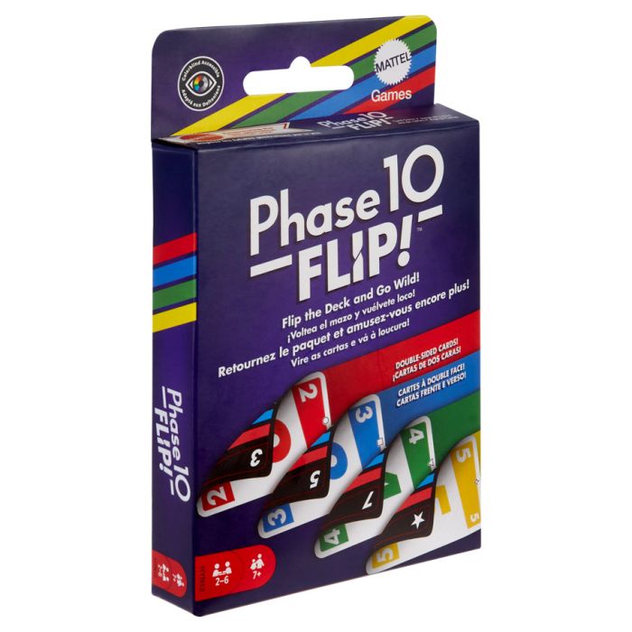Phase 10 Flip - Phase 10 Flip card game box with colorful cards displayed, featuring red, black, green, blue, and yellow, set against a.