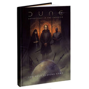 Dune RPG Core Rulebook - Black hardcover book titled Dune Adventures in the Imperium with three cloaked figures and desert landscape on cover.