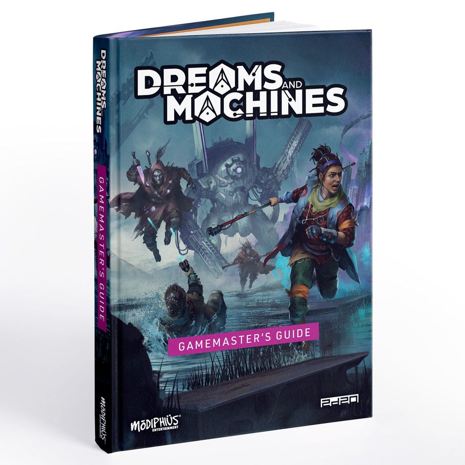 Dreams And Machines: Gamemasters Guide - Hardcover book titled Dreams and Machines Gamemaster's Guide with fantasy-style cover art featuring armed characters in a.