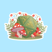 Mushrooms D20 DnD Sticker - Green 20-sided dice with gold numbers surrounded by red mushrooms and green leaves sticker.
