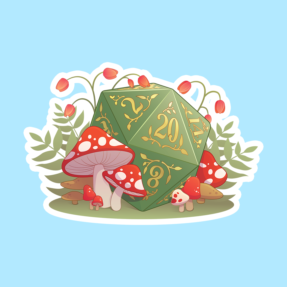 Mushrooms D20 DnD Sticker - Green 20-sided dice with gold numbers surrounded by red mushrooms and green leaves sticker.