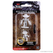 D&D Nolzur's Marvelous Miniatures: Myconid Adults - Two gray unpainted plastic Myconid adult miniatures with mushroom-like features, including bulbous heads and textured.