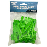 Small Board Game Box Bands (12) - Set of 12 bright green flexible silicone bands in resealable plastic bag with blue header card.