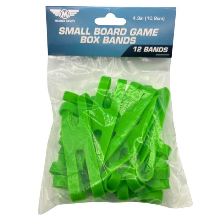 Small Board Game Box Bands (12) - Set of 12 bright green flexible silicone bands in resealable plastic bag with blue header card.