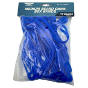 Medium Board Game Box Bands (12) - Set of 12 flexible blue silicone bands designed to secure medium board game boxes, packaged in clear plastic with a blue and