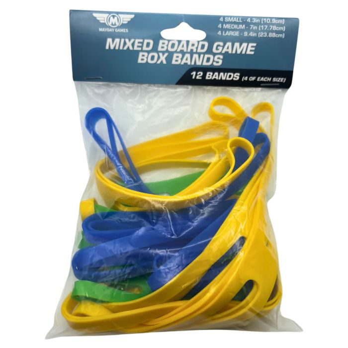 Mixed Board Game Box Bands (12) - Assorted colorful plastic board game box bands in blue, yellow, and green, packaged in a clear bag with a blue header.