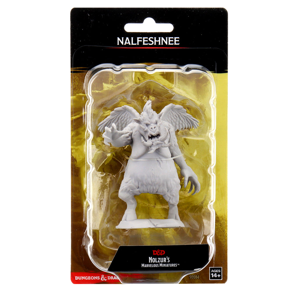D&D Nolzur's Marvelous Miniatures: Nalfeshnee - Unpainted gray plastic miniature of a winged demon with horns and clawed hands in blister pack labeled Nalfeshnee.