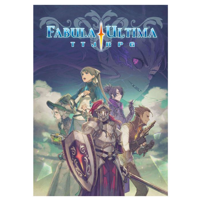 Fabula Ultima: Core Rulebook - Dark fantasy book cover featuring four diverse characters including a knight in armor with a shield, a female mage, and two.