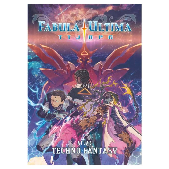 Fabula Ultima RPG: Atlas - Techno Fantasy - Colorful fantasy art book cover featuring three characters with futuristic and magical elements against a cosmic background.